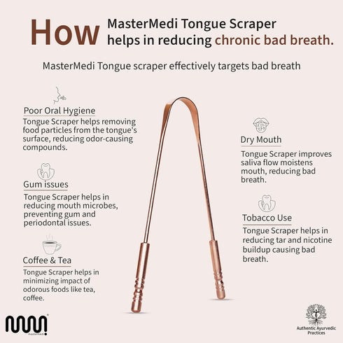 MasterMedi Pure Copper Tongue Scraper - Tongue Scrubber for Bad Breath, Easy to Use, Tongue Cleaner for Oral Care &