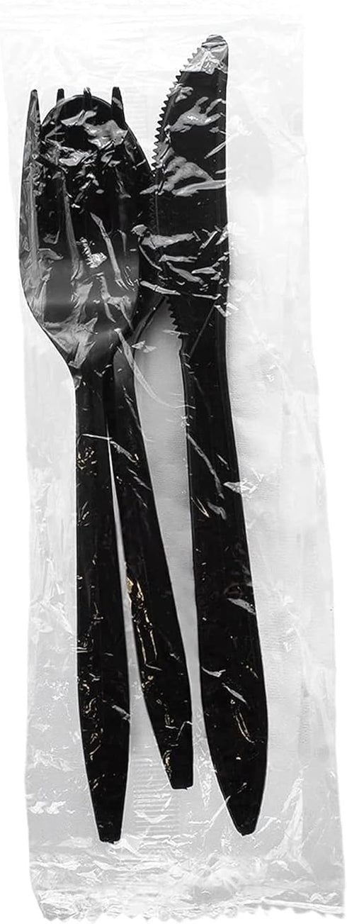 Party Favors Plus Set, 25 Packets Individually Wrapped Plastic Cutlery Black, with Fork, Spoon, Knife and Napkin