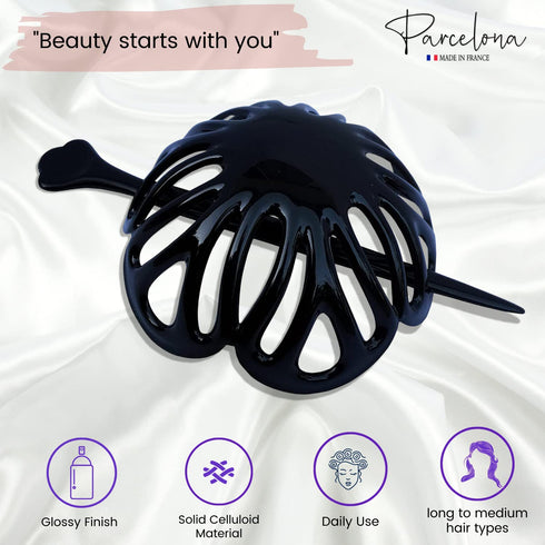 Parcelona Black French Radial Celluloid Hair Slide Pin, 3.5" Bun Cover Ponytail Holder for Women, Made in France