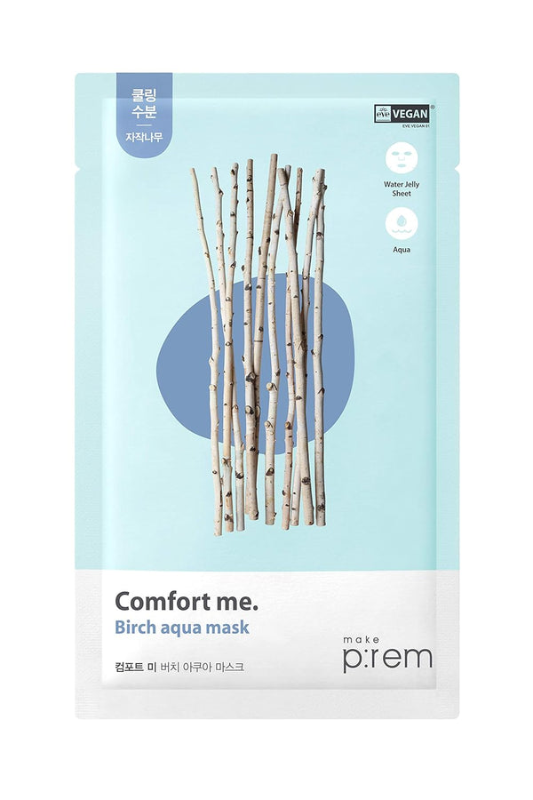 MAKE P:REM Comfort Me. Birch Aqua Mask, 10 Sheets, Korean Facial Sheet Mask for Cooling & Hydrating