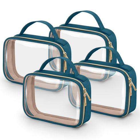 Wedama TSA Approved Toiletry Bag - 4 Pack Clear Makeup Bags with Handles, Quart Size, Til Blue