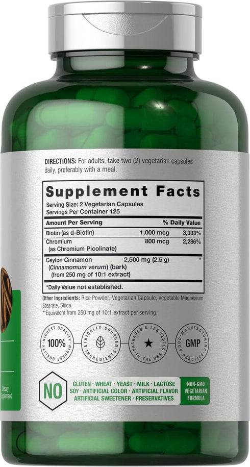 Cinnamon with Chromium Picolinate 2500mg | 250 Capsules | plus Biotin | Vegetarian, Non-GMO, Gluten Free | by Horbaach