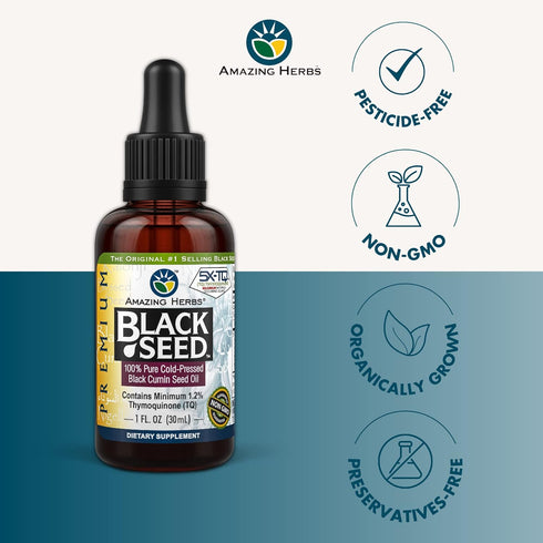 Amazing Herbs Premium Black Seed Oil - Gluten Free, Non-GMO, Cold Pressed - 1 Fl Oz (Pack of 3)