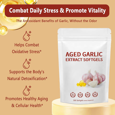 OOMMGGOO 300 Count Immune 2-Year Odorless Aged Garlic Extract Softgel Organic Garlic Supplement,Support Support