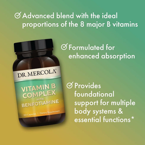 Immune 60 (30 Dr. Mercola Vitamin B Complex with Benfotiamine - Supports Cellular, Brain & Health - Non-GMO