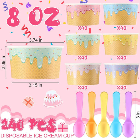 Jingmore 240 Set 8 oz Summer Paper Ice Cream Cups Bulk with Spoons Disposable Sundae Bowls Colorful Paper Dessert Cups