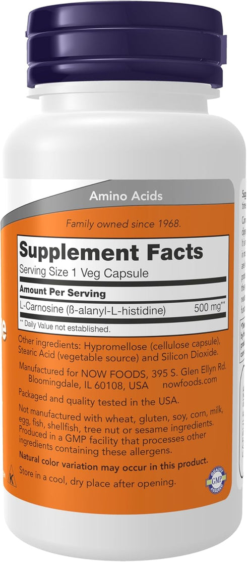 NOW Supplements, L-Carnosine (Beta-Alanyl-L-Histidine) 500 mg, Healthy Aging, 50 Veg Capsules