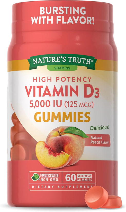 Nature's Truth Vitamin D3 Gummies, 5000 IU, 60 Count, Peach Flavor, Vegetarian & Gluten Free Supplement