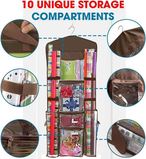ProPik Hanging Double Sided Wrapping Paper Storage Organizer with Multiple Pockets, 40"X17" Clear PVC Bag (Brown)