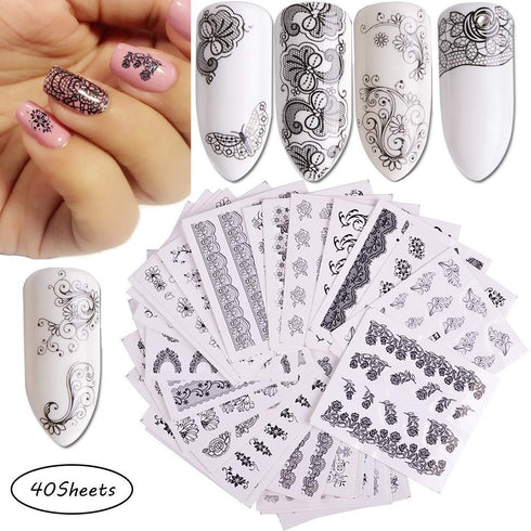 Valuu Black Lace Flower Nail Art Stickers, 40 Sheets Water Transfer Decals for DIY Manicure Tips