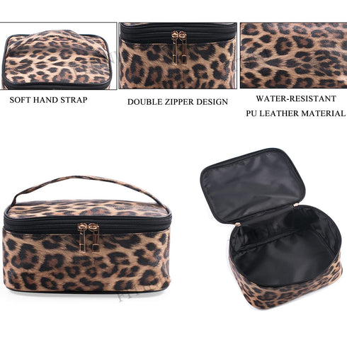 Makeup Bag Leopard 3 Pack, Portable Travel Toiletry Bag Organizer with Small Brush Holders, Waterproof Storage Case for