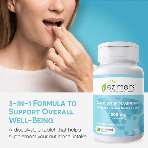 EZ Melts Dissolvable Calcium & Magnesium Supplement with Vitamin D3 - Sugar-Free, 1-Month Supply