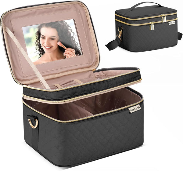 Travel Makeup Bag for Women, Double Layer Cosmetic Organizer Case with Shoulder Strap for Brushes, Bottles, Black