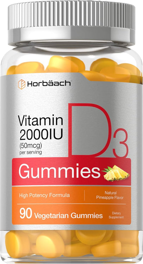 Horbaeach Vitamin D3 2000iu Gummies, 90 Count, Vegetarian, Pineapple Flavor, 50 mcg, Non-GMO, Gluten Free Vitamin D