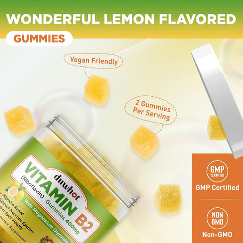 Vitamin B2 Gummies with Magnesium, Riboflavin 400mg for Migraine Relief & Headache Relief, Vegan - 60 Chewable