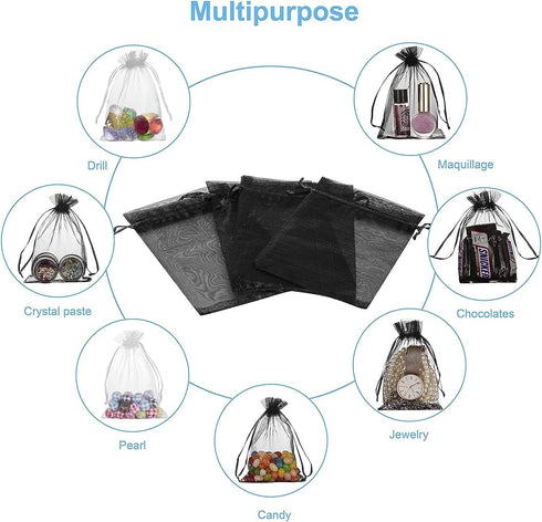 HongyiTime 100PCS Premium Sheer Organza Bags, Black Wedding Favor Bags with Drawstring, 4x6 inches for Jewelry Gifts