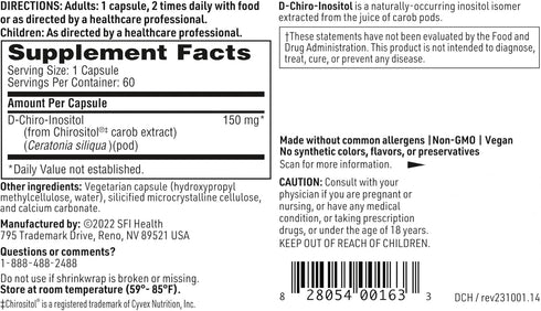 Klaire Labs D-Chiro-Inositol - 150 Milligrams Hypoallergenic Supplement, 60 Capsules