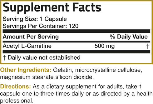 Bronson Acetyl L-Carnitine 500 MG, High Potency Amino Acid, Non-GMO, 120 Capsules