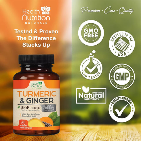 Turmeric Curcumin with BioPerine & Ginger 2600mg, Natural Joint & Heart Support, 60 Capsules