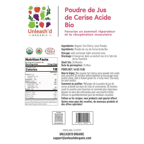 UNLEASH'D ORGANIC 16 oz 100% Organic Tart Cherry Juice Powder Pure Natural Superfood, Rich in Antioxidants & Vitamins