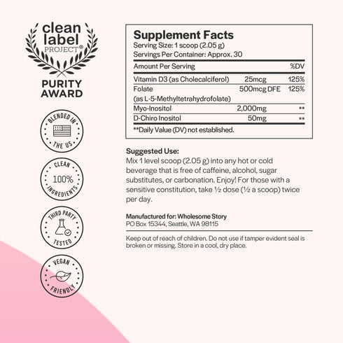 Inositol Supplement Powder with MTHF Folate + Vitamin D3 | Myo-Inositol & D-Chiro Inositol | Hormonal Balance & Healthy Ovarian Support | Vitamin B8 | Alternative to Inositol Capsules | 30-Day Supply