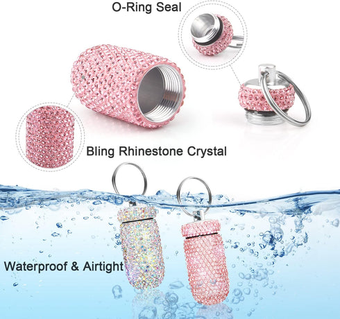 2 Pack Portable Pill Case, Bling Rhinestone Pill Container Box, Waterproof Medication Holder Organizer with Keychain
