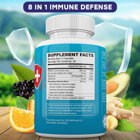 Immune Support 8 in 1 Capsules - Zinc Supplement, Vitamin D3 5000 IU, Vitamin C 1000MG and Elderberry - Immune Booster Supplement with Echinacea, Ginger Root, and Turmeric