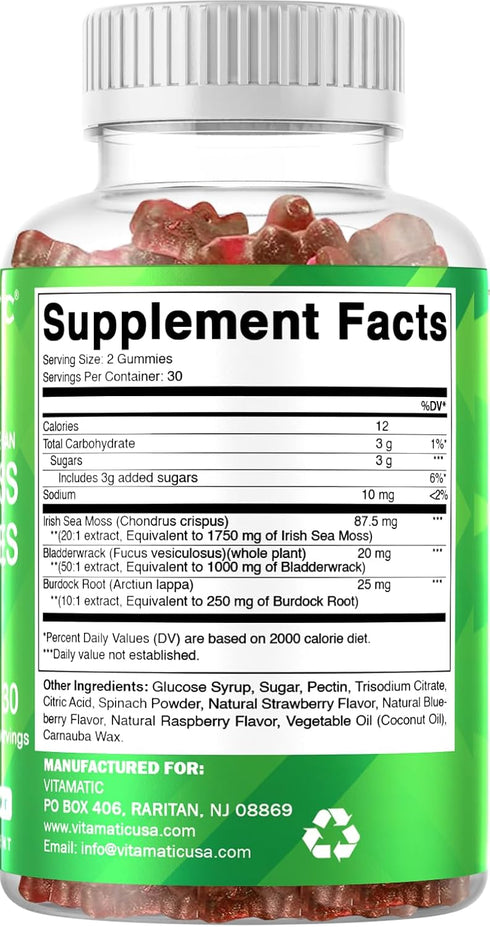 Vitamatic Irish Sea Moss Gummies – 3000mg Equivalent Per Serving, 60 Ct Supplement with Bladderwrack & Burdock Root for
