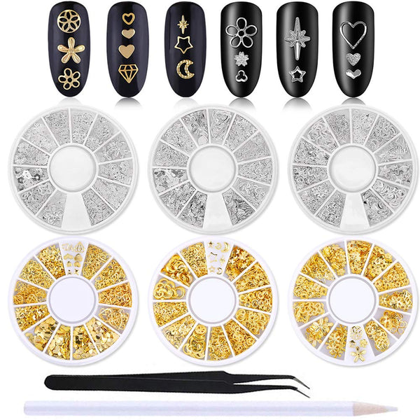 WOKOTO 6 Boxes Nail Art Studs Set, Gold Silver Hollow Star Moon Flower Rivet Kit with Tweezers and Picker Pencil