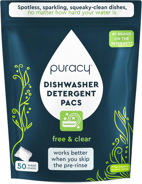 Puracy Dishwasher Pods 50 Count, Natural Dishwasher Detergent, Free & Clear Dish Tabs, Enzyme-Powered, Spot &