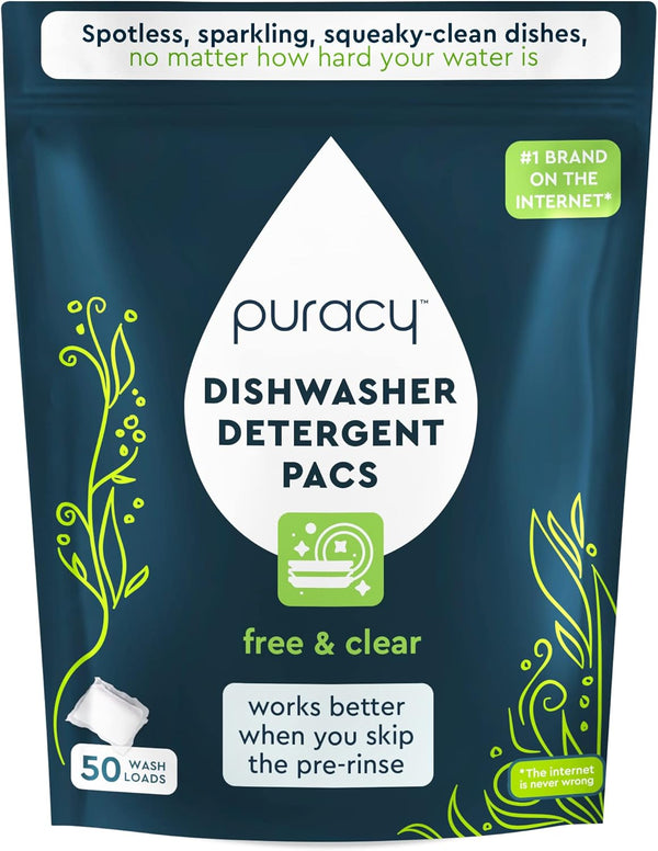 Puracy Dishwasher Pods 50 Count, Natural Dishwasher Detergent, Free & Clear Dish Tabs, Enzyme-Powered, Spot &