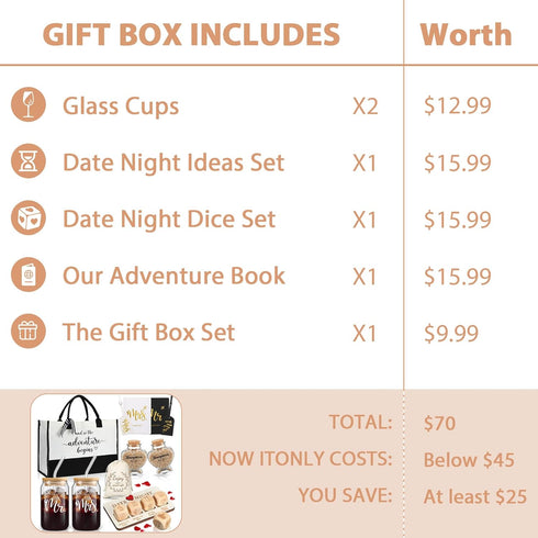 Reallnaive 54 Pcs Date Night Gift Box for Couple Girlfriend Boyfriend Scratch Off Date Night Dice Cards Book Glasses