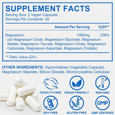 YIEEGCM 8-in-1 1000mg 90 Count Magnesium Complex High Absorption Magnesium Supplement with Glycinate Malate Citrate