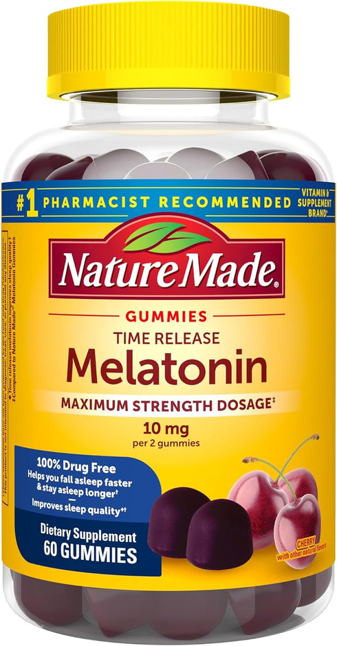 Nature Made Time Release Melatonin 10mg Gummies - Maximum Strength Dosage, 100% Drug Free Sleep Aid for Adults, 60