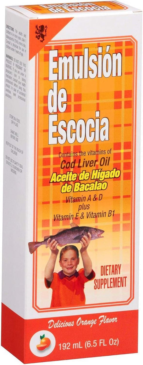 Cod Liver Oil, Dietary Supplement, Vitamins A, B1, D and E, Immune System Support, Orange Flavor (6.5 Fl Oz/Pack of 1)