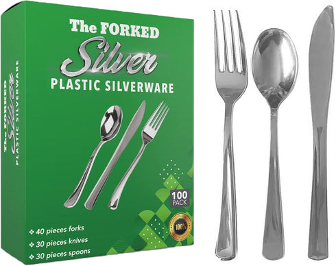 100 Pieces Silver Plastic Silverware Set, Heavy Duty Disposable Combo with 40 Forks, 30 Knives, 30 Spoons