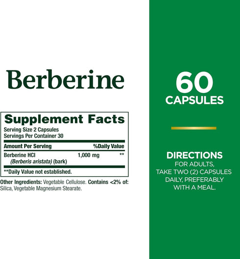 Nature's Bounty 1000mg Berberine Herbal Health Capsules Support Heart and Cardiovascular Health, Help Maintain Healthy Cholesterol, Triglyceride, and Blood Sugar Levels, 60 Capsules