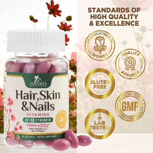 Hair Vitamins for Women, Ultra Strength 5000mcg Biotin, 60 Softgels | Premium Hair Growth and Skin Support