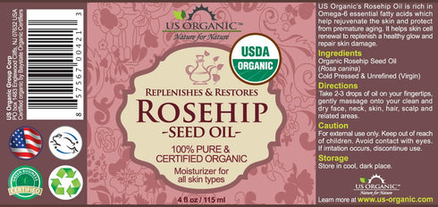 US Organic Rosehip Seed Oil, 4 oz - USDA Certified Organic, Cold Pressed in Amber Glass Bottle