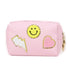Preppy Patch Makeup Bag, Smile Lightning PU Leather Waterproof Cosmetic Bag for Girls, Travel Organizer, Pink