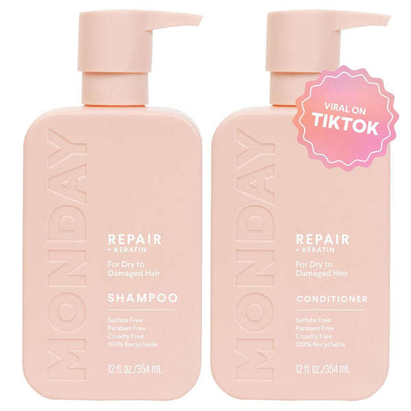 MONDAY HAIRCARE Repair Shampoo and Conditioner Set 12oz for Dry to Damaged Hair with Keratin, Coconut Oil, Shea Butter