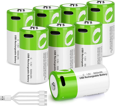 letoom C Batteries Rechargeable with USB 4 in 1 Cable 8 Pack C