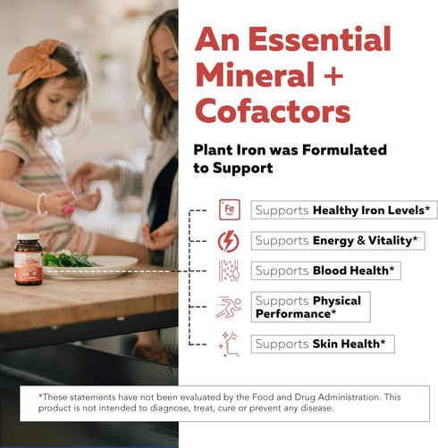 Organic Iron Whole Food Iron Supplement & Cofactors, 25 mg Elemental Iron, 90 Capsules, Blood Health Support