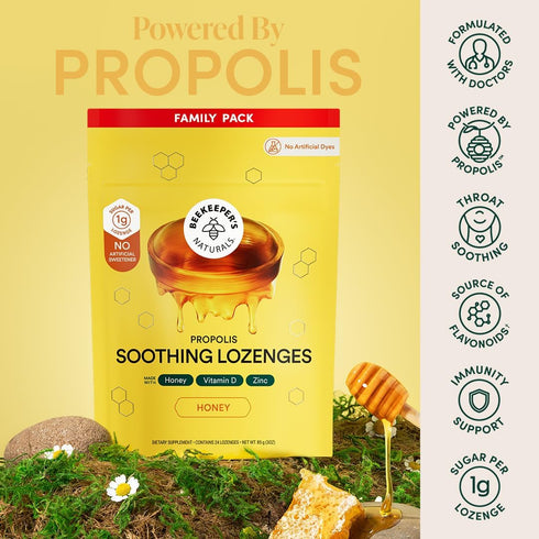 Immune Lozenges, 24 Beekeeper's Naturals Soothing Honey Cough Drops - Support with Vitamin D, Zinc and Propolis Throat