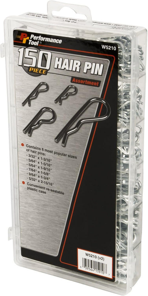 Performance Tool W5210 Hair Pin Assortment Kit, 150 Piece, Zinc Plated Steel Clips