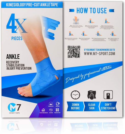 M7 Sport Kinesiology Ankle Tape, 4-Pack, Blue - Pain Relief Therapeutic Tape for Ankle Sprain, Injury Recovery, Plantar