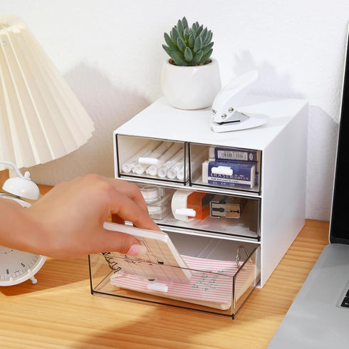 Makeup Organizer with 4 Drawers, Desk Organizer for Nail Polish, Lipstick, Brushes, Jewelry, Skincare - White