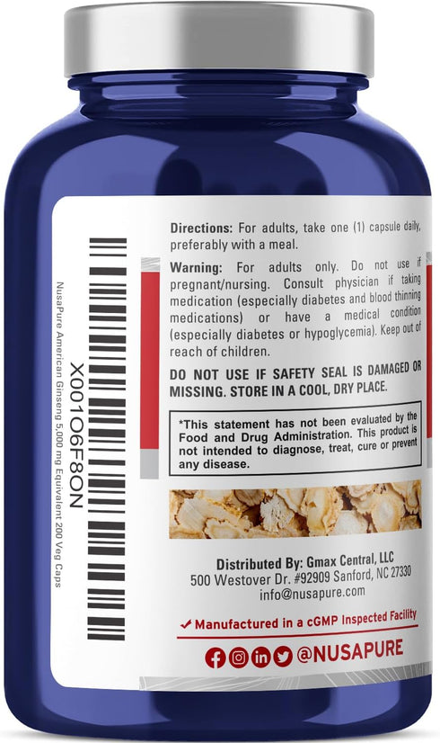 NusaPure American Ginseng 10:1 Extract, 500 mg Equivalent to 5000mg - 200 Veggie Capsules, Non-GMO, Vegan
