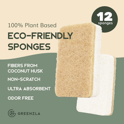 Greenzla Natural Kitchen Sponges 12 Pack - Plant-Based Biodegradable Sisal Hemp Dish Sponge - Eco-friendly, Zero-Odor, Non-Scratch Scouring Pad for Kitchen Countertops, Bathtubs, Tiles, and More by GREENZLA
