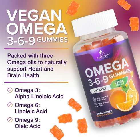 Omega 3 6 9 Vegan Gummies - Triple Strength Supplement for Heart and Brain Support, Non-GMO, Orange Flavor - 120 Gummies